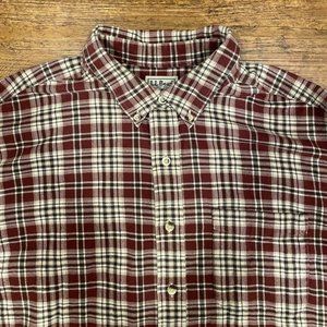 L.L. Bean White Red Plaid Cotton Long Sleeve Button Up Flannel Shirt Men XL Tall